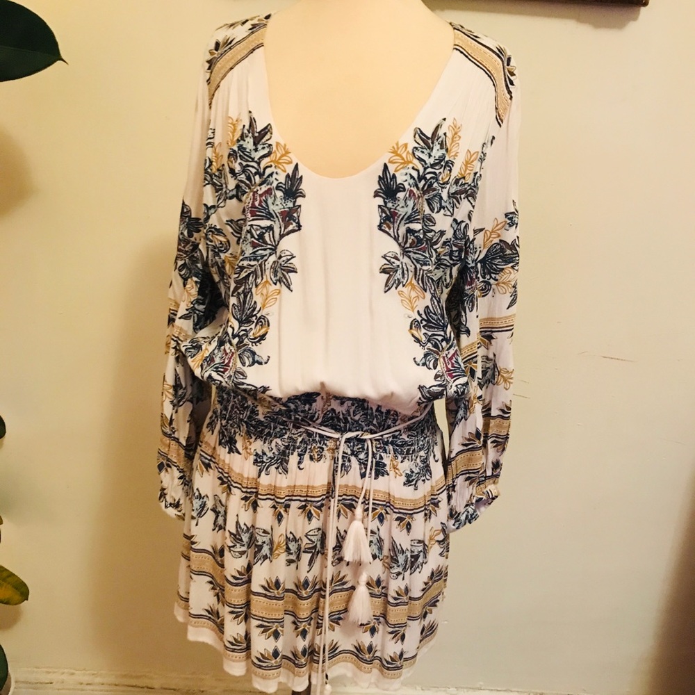 SOLD -Ivory Blue Gold Floral Print Boho Dress NWT